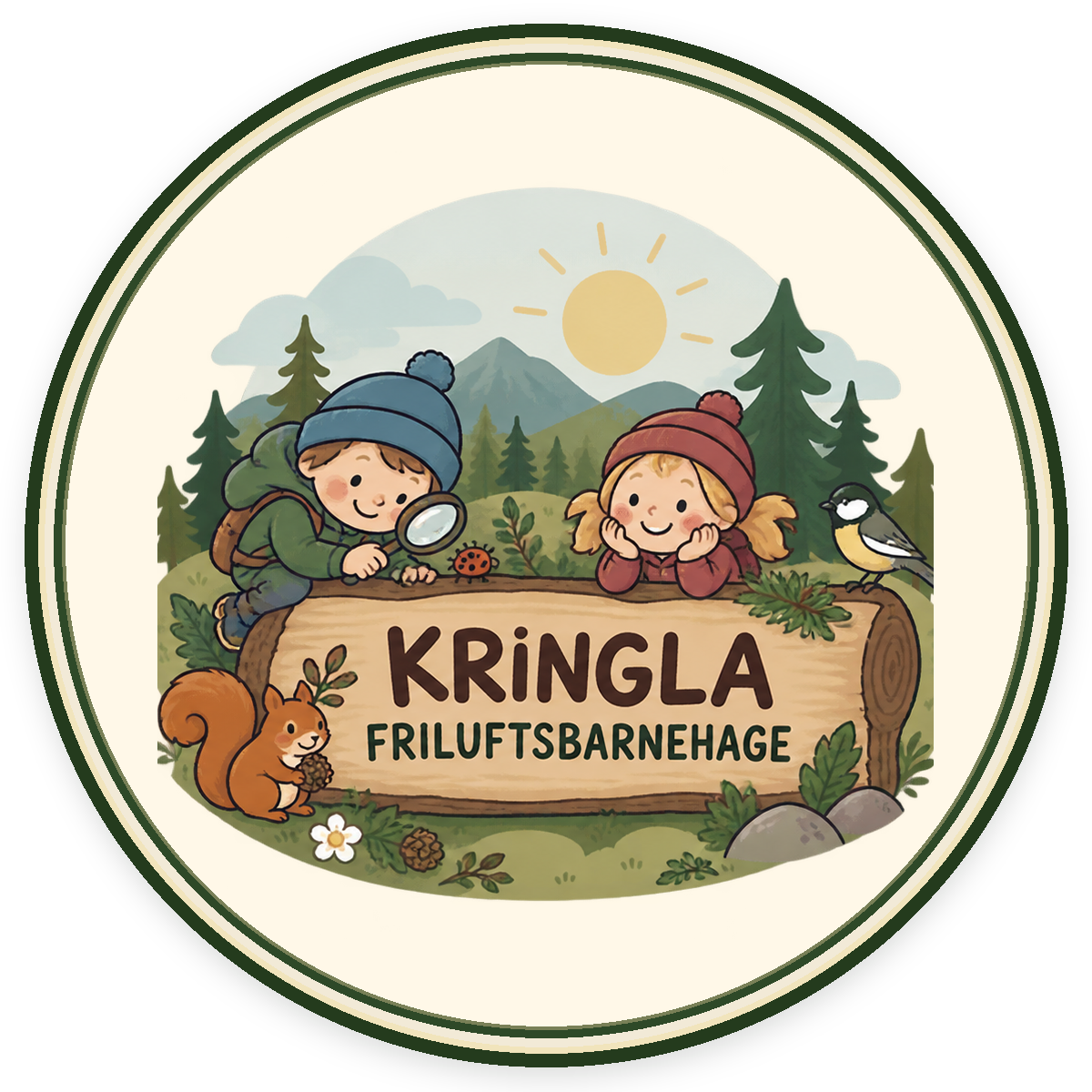 Rundt illustrert merke for Kringla Friluftsbarnehage med natur, barn på oppdagelsesferd, fugl og ekorn